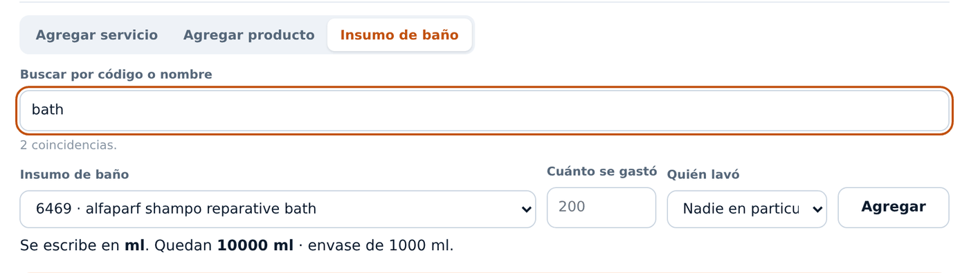 Pestaña de insumos de baño