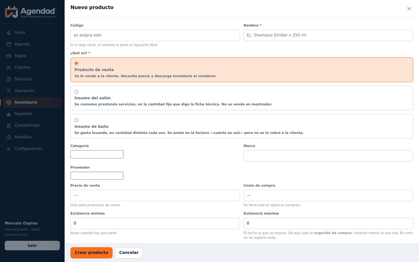 Formulario de producto nuevo