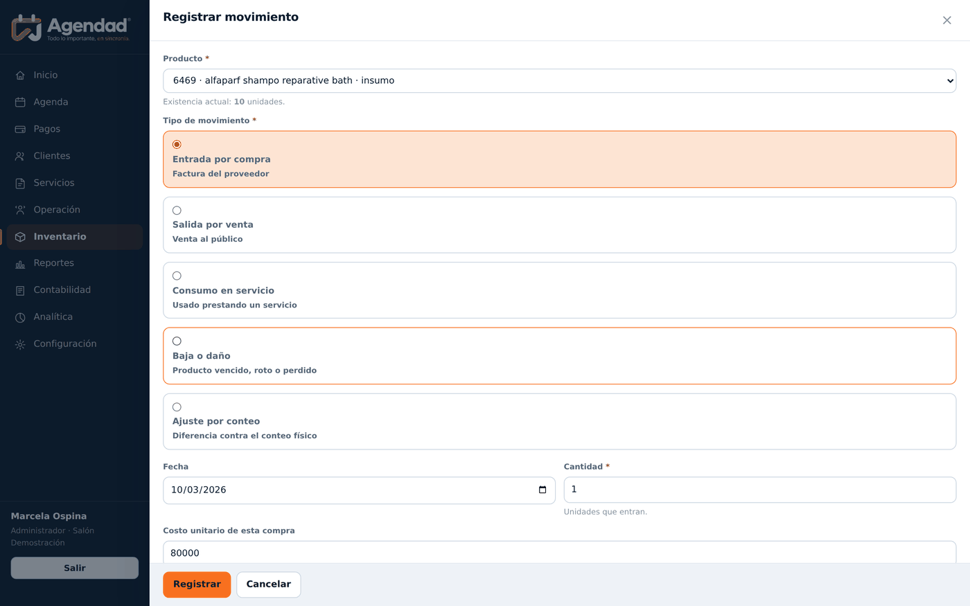 Formulario de movimiento