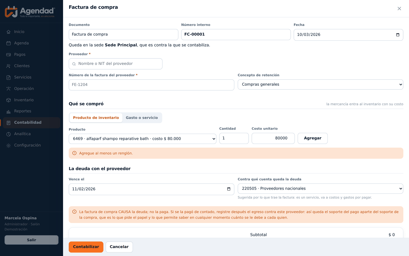 Registro de factura de compra